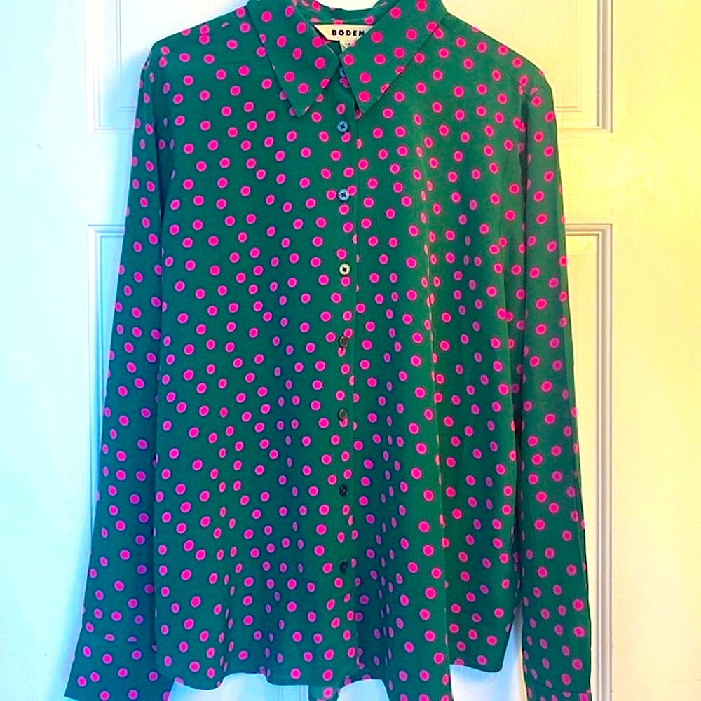 Boden Sienna Silk Shirt Green and Pink Polka Dot